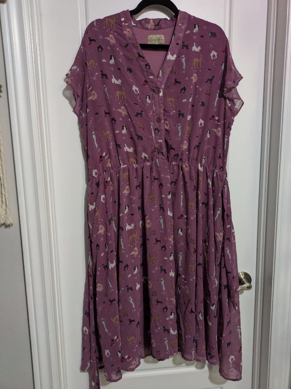 Lindy Bop (US 16) Mauve Short Sleeved Midi Dress with Whimsical Dog Pattern